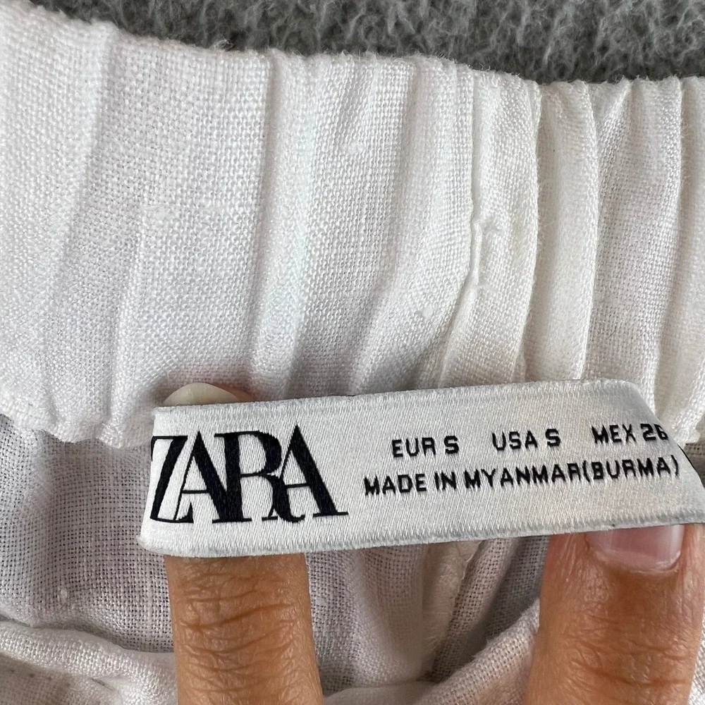 Zara Womens White Linen Wide Leg Drawstring Elastic Waist Crop Pants Pocketed S